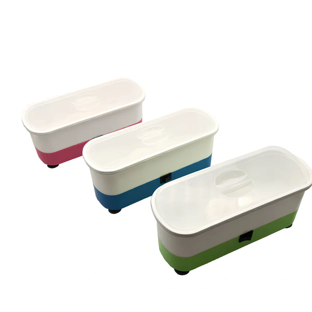 Blue analog ultrasonic cleaner measuring 17x6x8cm with four suction cups and battery compartment