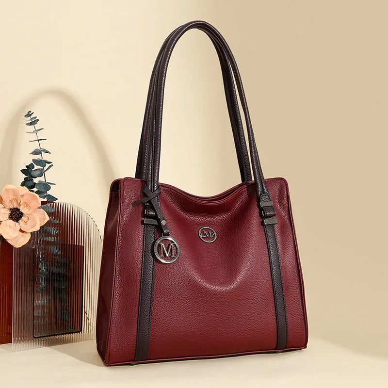 Women's Large Capacity Genuine PU Leather Crossbody Bag with Sandwich Zipper Pocket, Double Shoulder Strap, Soft Horizontal Square Tote Suitable for Daily Matching Available in Black Wine Red Blue Dark Brown Khaki