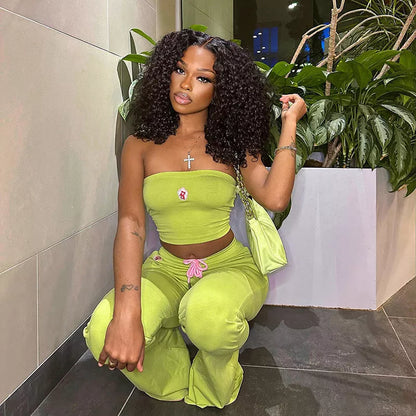 Women's summer two-piece set with embroidery tube top and high-waist bell-bottom pants