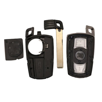 CAS3 BMW replacement car key fob with three buttons and a blank metal blade.