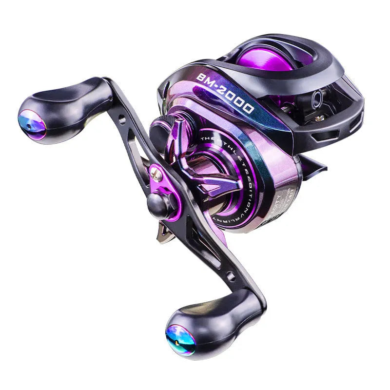 Colourful BM2000 spinning fishing reel with magnetic brake, shown in left and right-hand retrieve models.