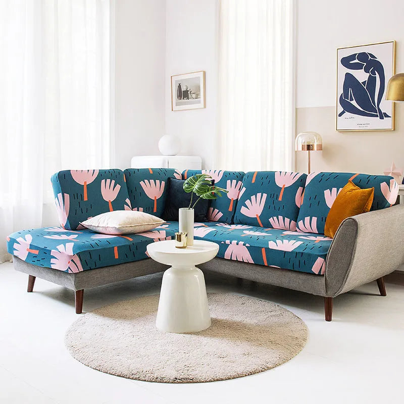 Sofa cover set with a plant flower pattern in a rustic style, shown on a sofa.