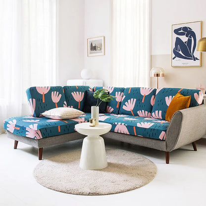 Sofa cover set with a plant flower pattern in a rustic style, shown on a sofa.