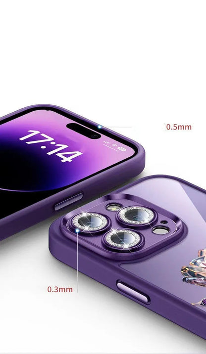 Dark Purple Fairy Pink Rose TPU iPhone case with matching sparkling pink camera lens film.