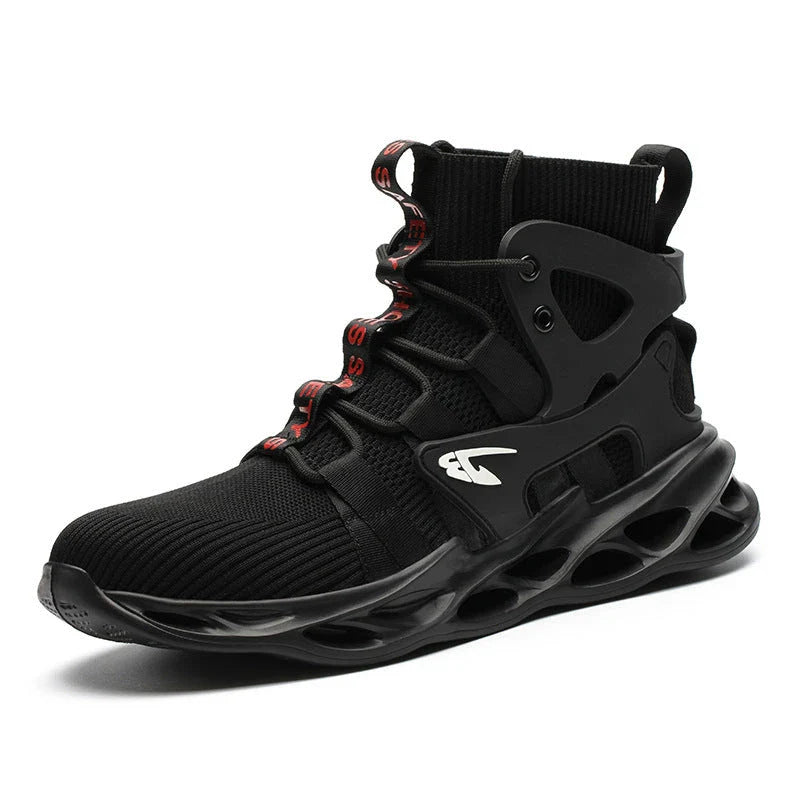 Durable steel-toe work boots with breathable mesh and leather uppers, shock-absorbing midsole, and puncture-resistant outsole