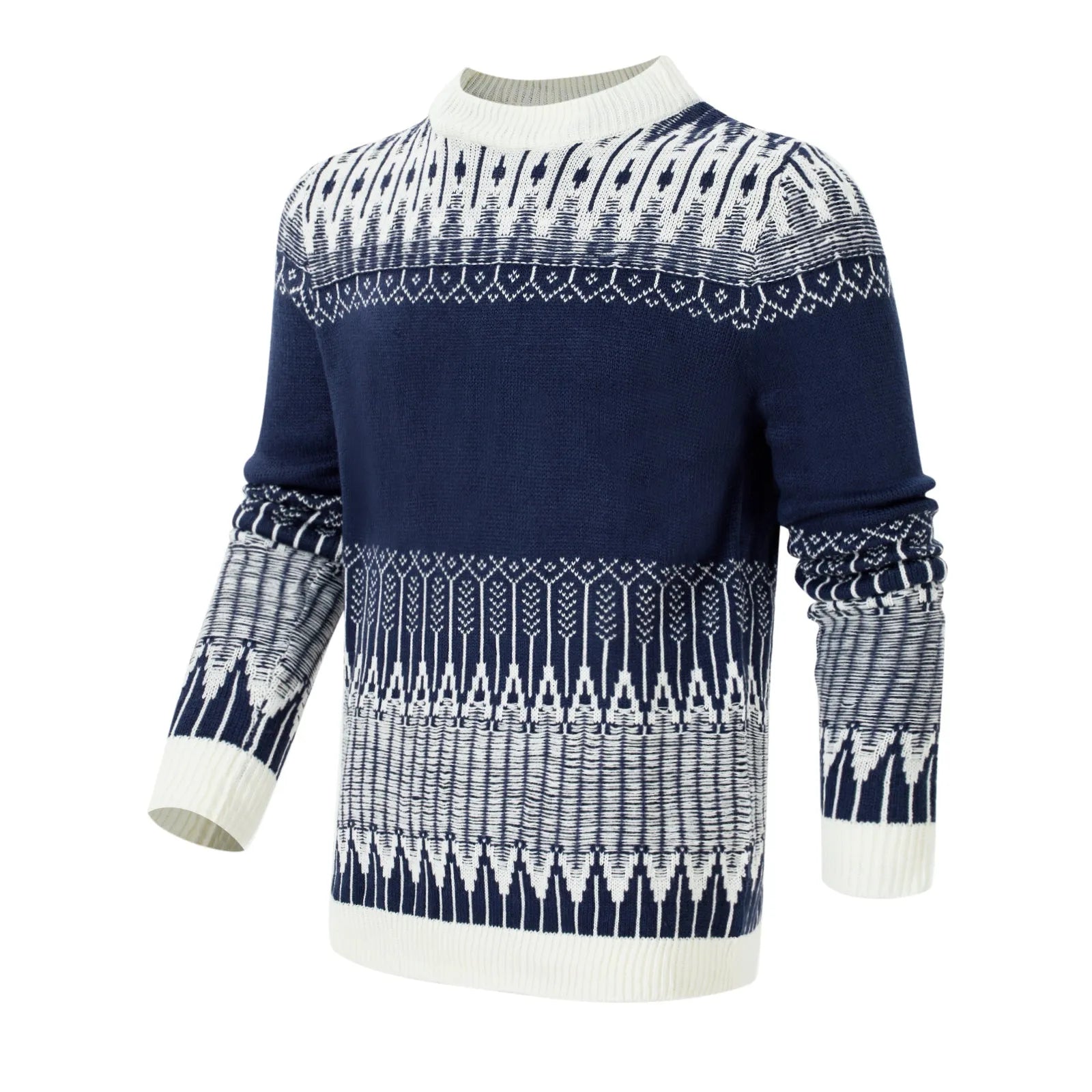 Men's knitted crew neck pullover sweater with long sleeves shown in multiple sizes