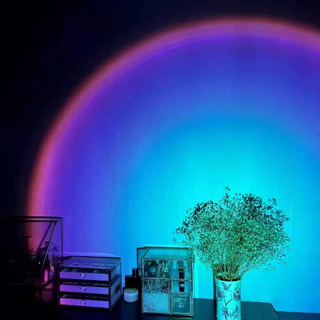 USB rechargeable sunset projection lamp showing rainbow and red lighting effects