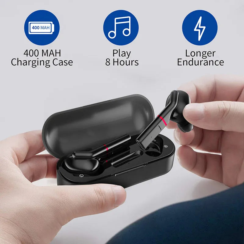 VV1 black and white Bluetooth wireless earphones with charging case showing in-ear design