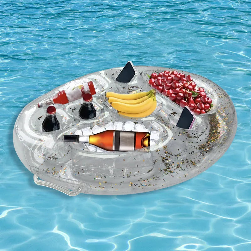 Inflatable ice bar set with yellow ice bucket and cup holder on a grey background.