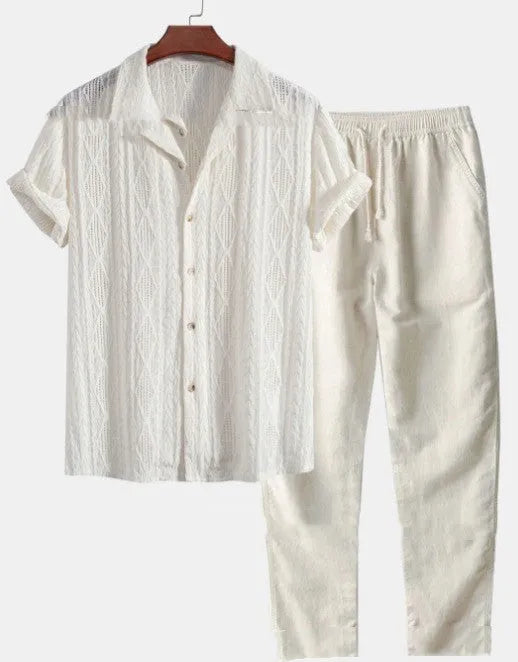 Men's loose short sleeve shirt and trousers summer suit in milk silk polyester fabric