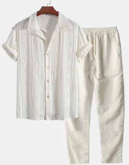 Men's loose short sleeve shirt and trousers summer suit in milk silk polyester fabric