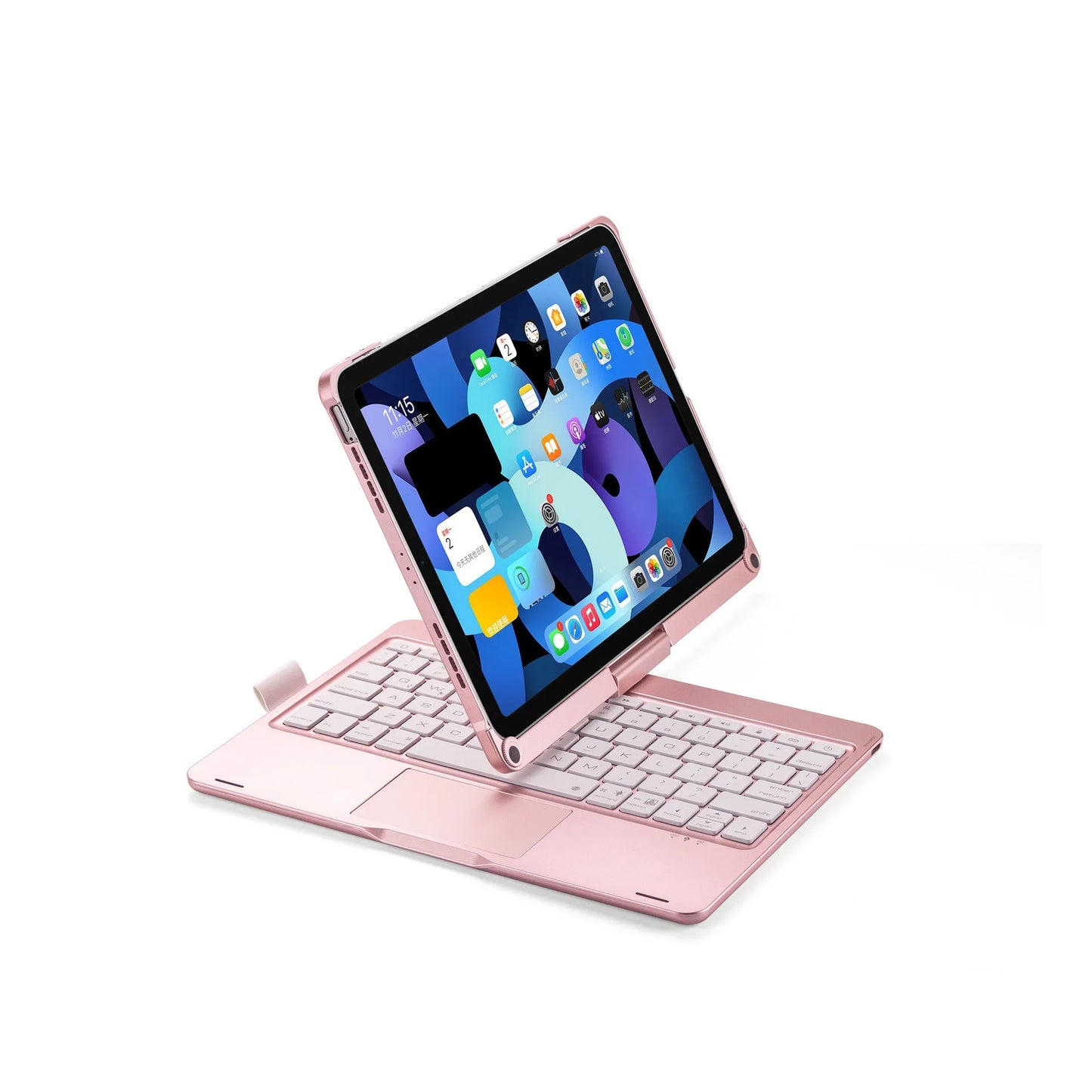 Rose gold Miaocontrol rotating Bluetooth keyboard case holding a silver iPad Pro in landscape mode, showing the trackpad.