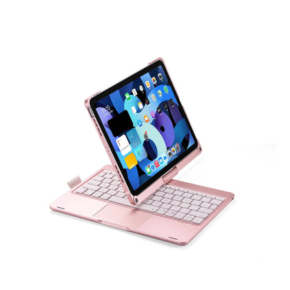 Rose gold Miaocontrol rotating Bluetooth keyboard case holding a silver iPad Pro in landscape mode, showing the trackpad.