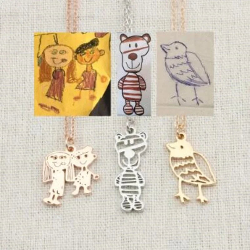 Custom children's artwork necklace with stainless steel chain and titanium steel pendant