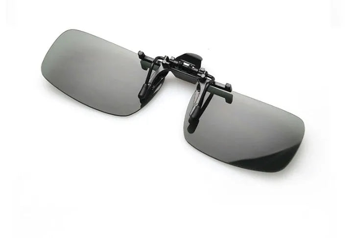 Clip-on sunglasses for prescription glasses in PC material, shown in large and small sizes with different coloured lenses.