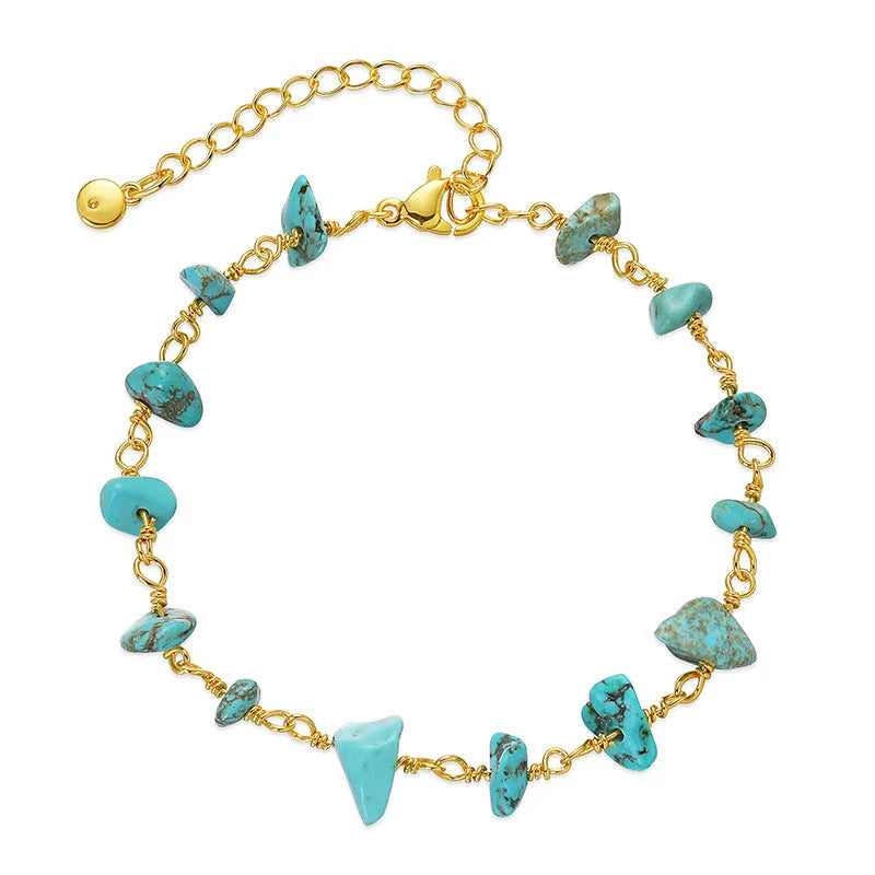 Geometric women's bracelet with irregular turquoise stones in 18K copper on a white background.
