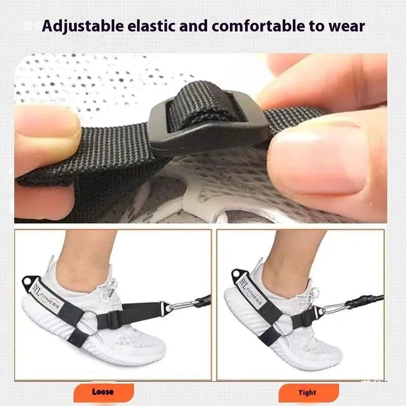 Gantry frame ankle strap with tension buckles for rope access training in black colour