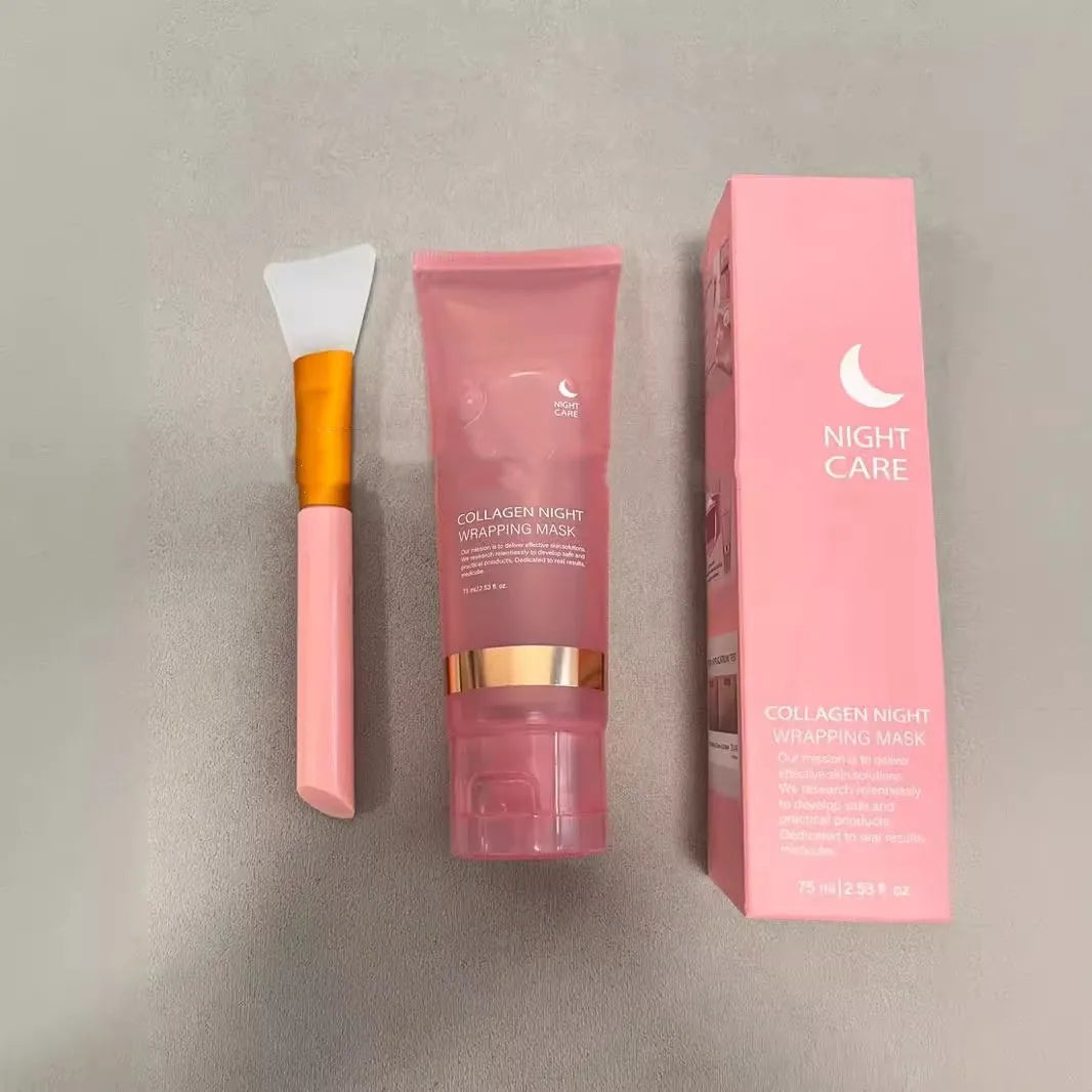 Collagen night face mask 75ml bottle with application brush for firming and anti-wrinkle treatment