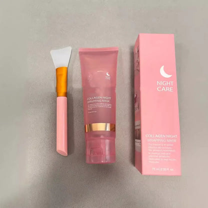 Collagen night face mask 75ml bottle with application brush for firming and anti-wrinkle treatment