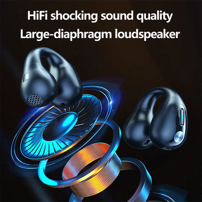 Bone conduction Bluetooth earphones with powerful bass, comfortable ear clip design, and long-lasting battery life