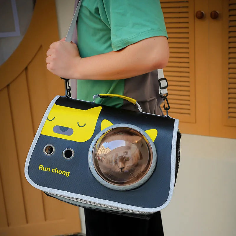 Transparent nylon pet carrier bag with cartoon pattern and 12kg capacity for small pets