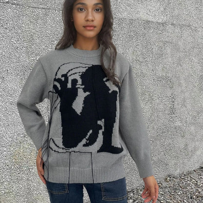 Women's alpaca wool sweater with abstract pattern tassel design in grey colour