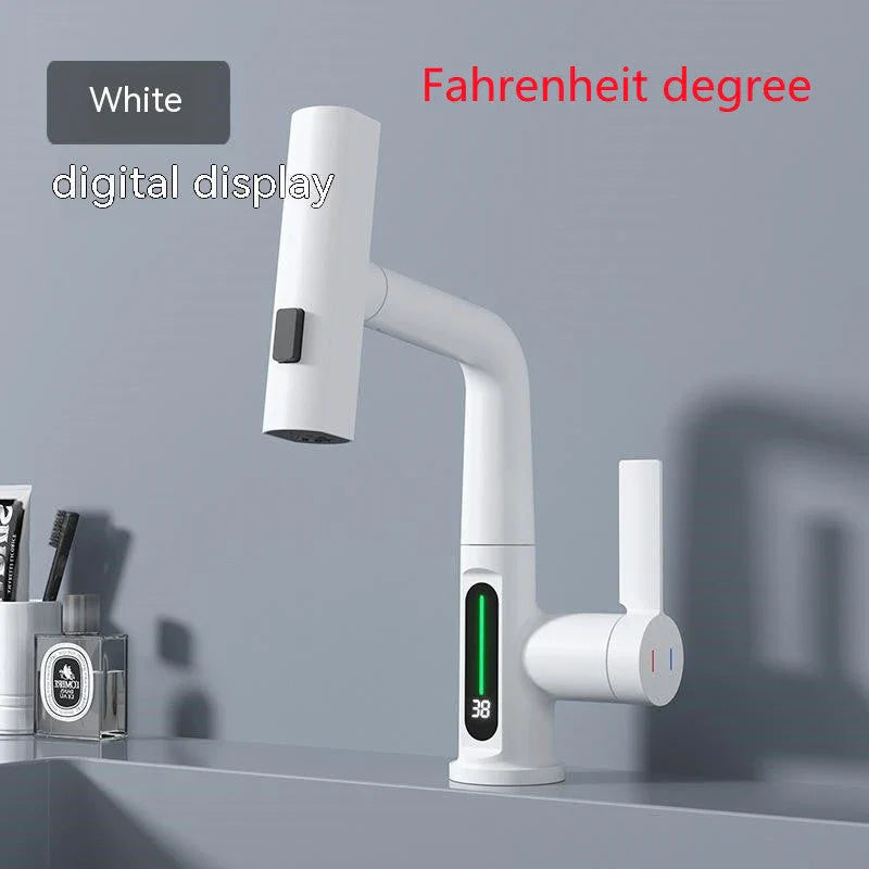 Sleek digital faucet with temperature display, 360° rotation, and pull-out hose for modern kitchen and bathroom needs