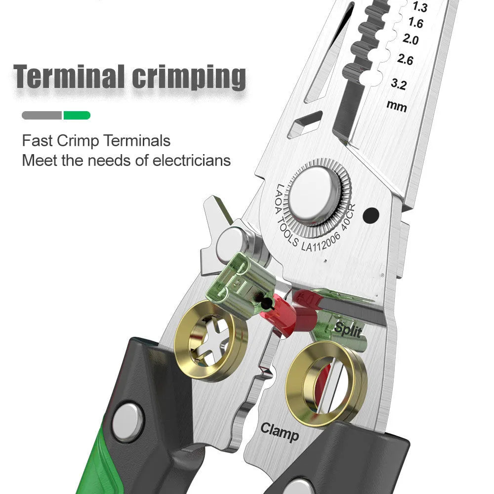 Stainless steel wire stripper tool with a two-colour handle showing seven different sized stripping holes.