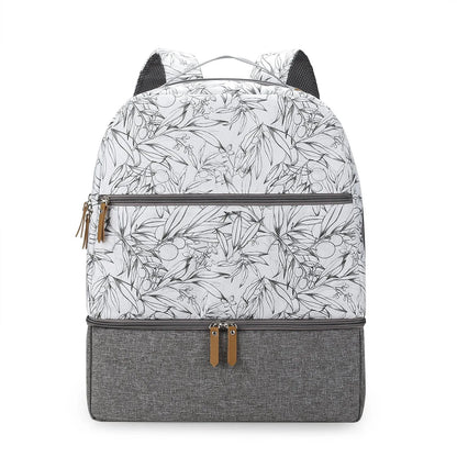 Grey insulated mother and child travel backpack with curved shoulder straps shown from the side