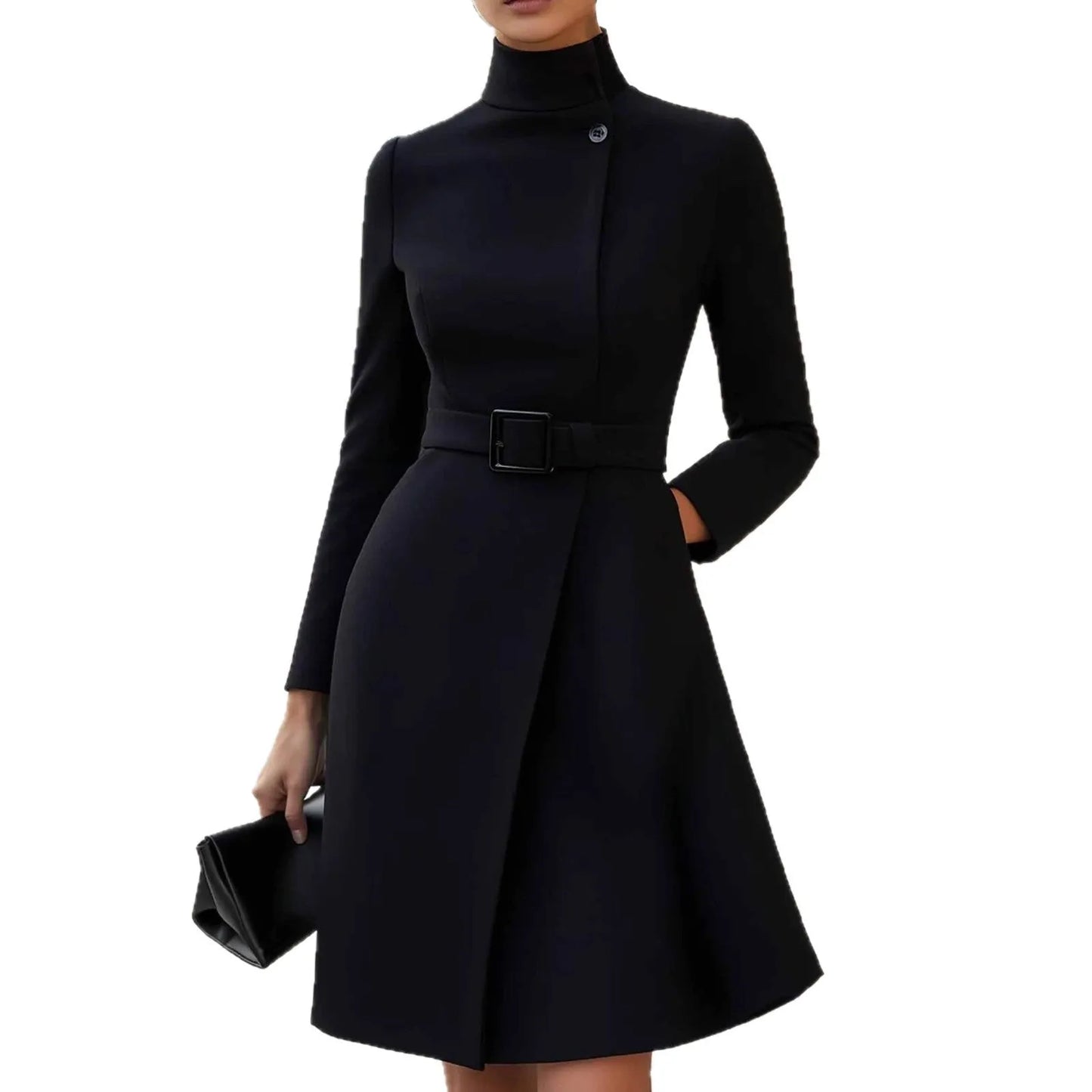 Women's black Bohemian style dress with stand collar, high waist, long sleeves, and zipper closure