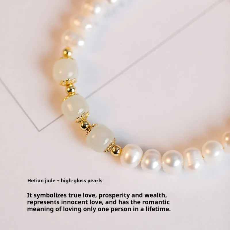 Korean style freshwater pearl bracelet with diamond-shaped pearls in Hetian jade electroplated finish