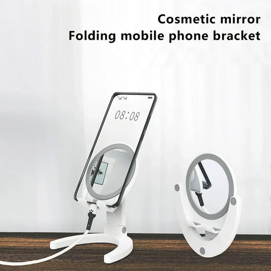 Adjustable phone stand with built-in makeup mirror for hands-free viewing and on-the-go grooming