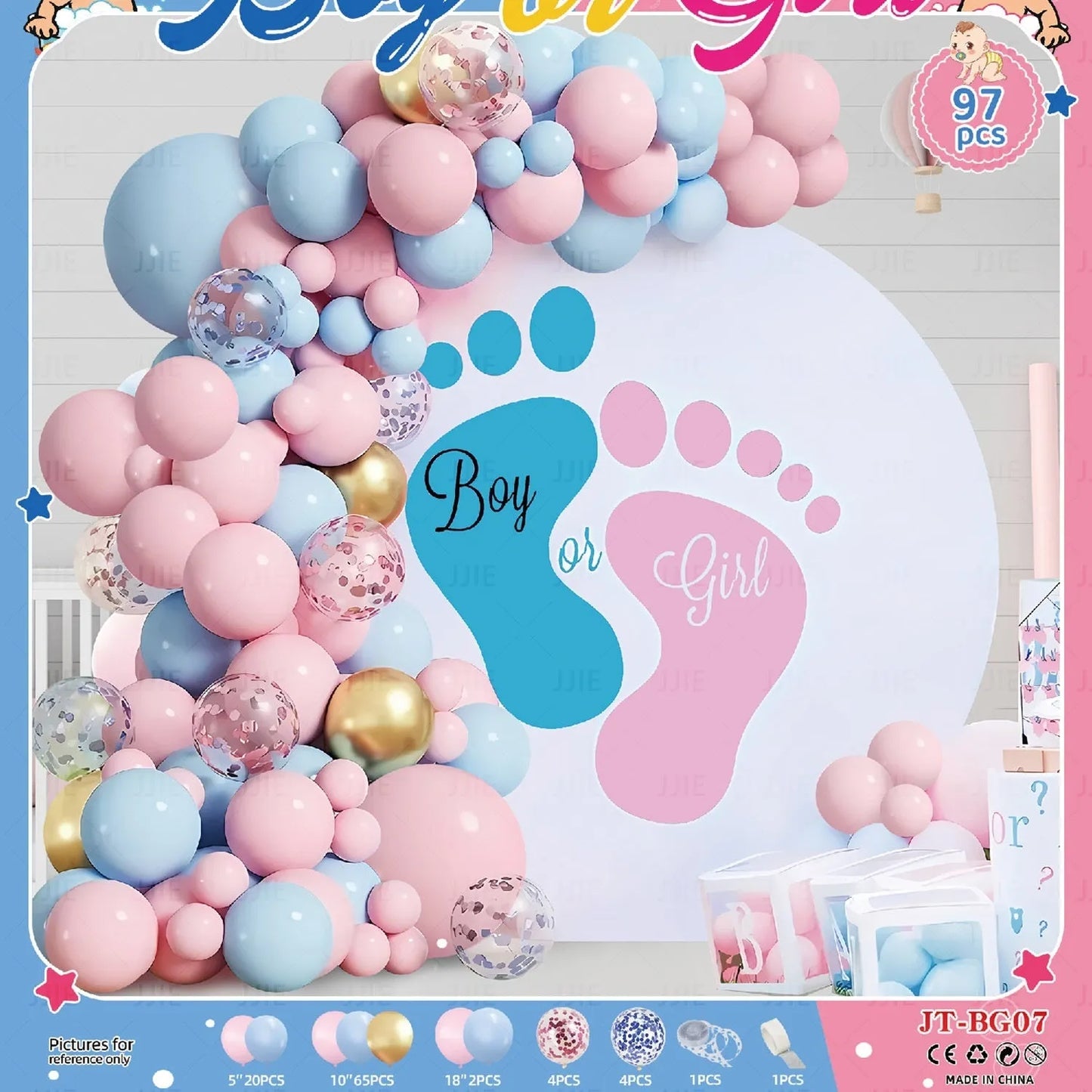 Baby gender reveal balloon decoration suit with metallic aluminium film balloons in pink and blue