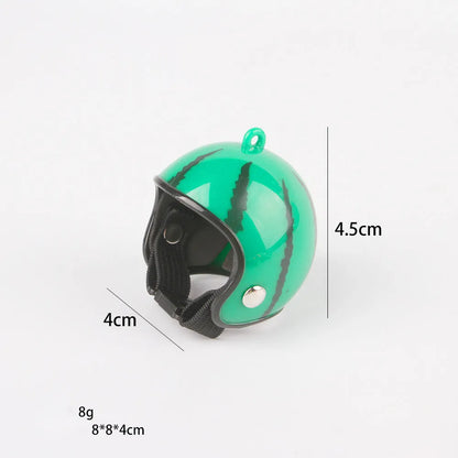 Small hard plastic helmet with elastic straps and sponge lining, designed for a chicken or bird to wear.