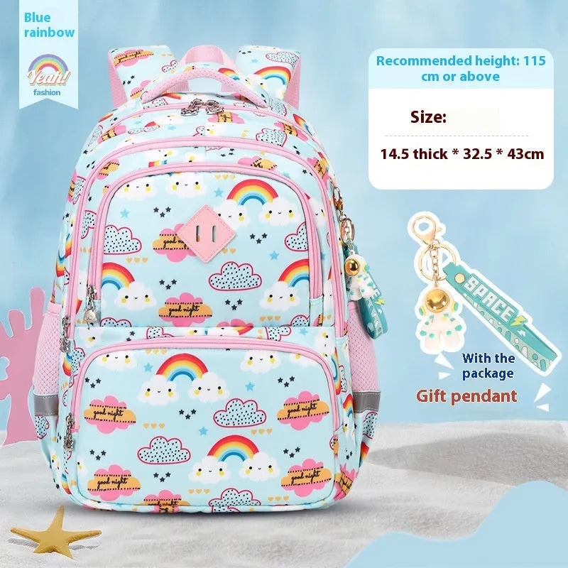 Blue children's school backpack with dinosaur pattern, showing curved shoulder straps and front pocket.