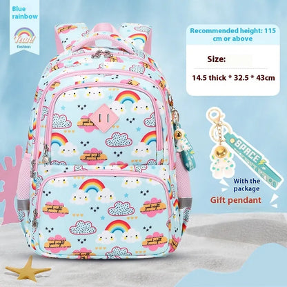 Blue children's school backpack with dinosaur pattern, showing curved shoulder straps and front pocket.
