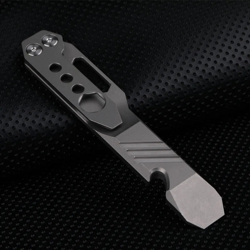 Titanium alloy multi-function crowbar tool with bottle opener on a stone wash finish background.