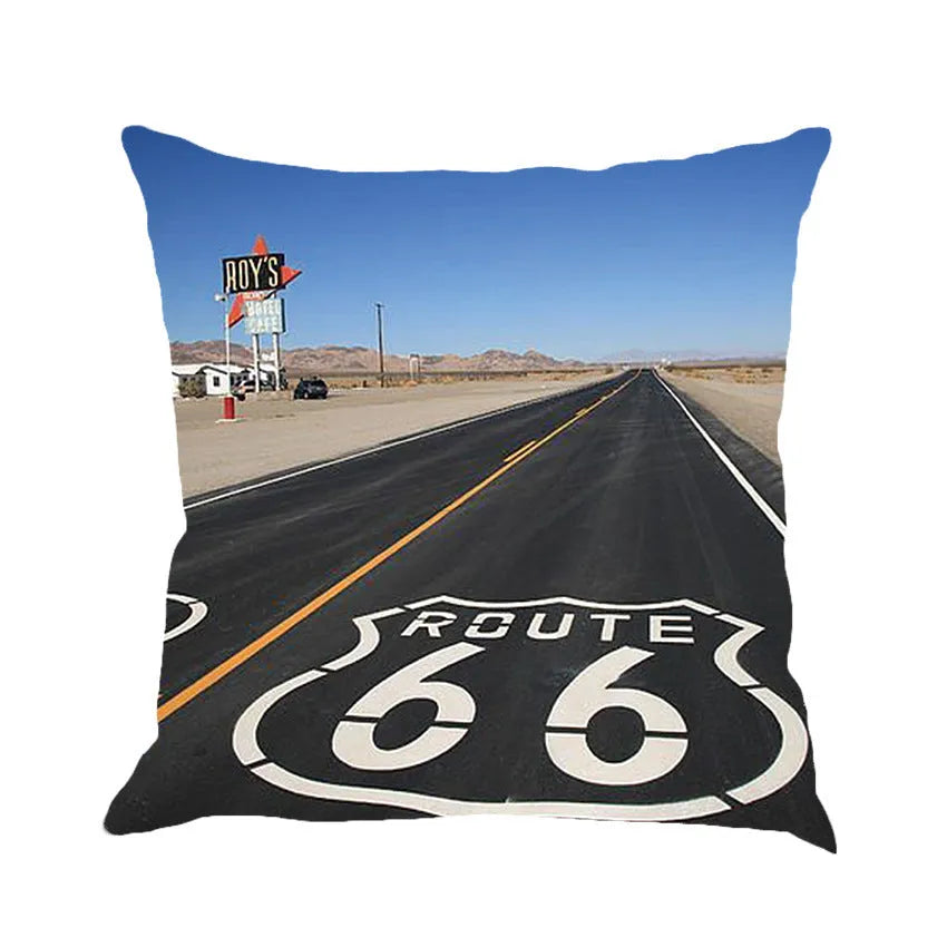 Linen cushion cover with Route 66 landscape pattern in six colour choices, 45 cm square