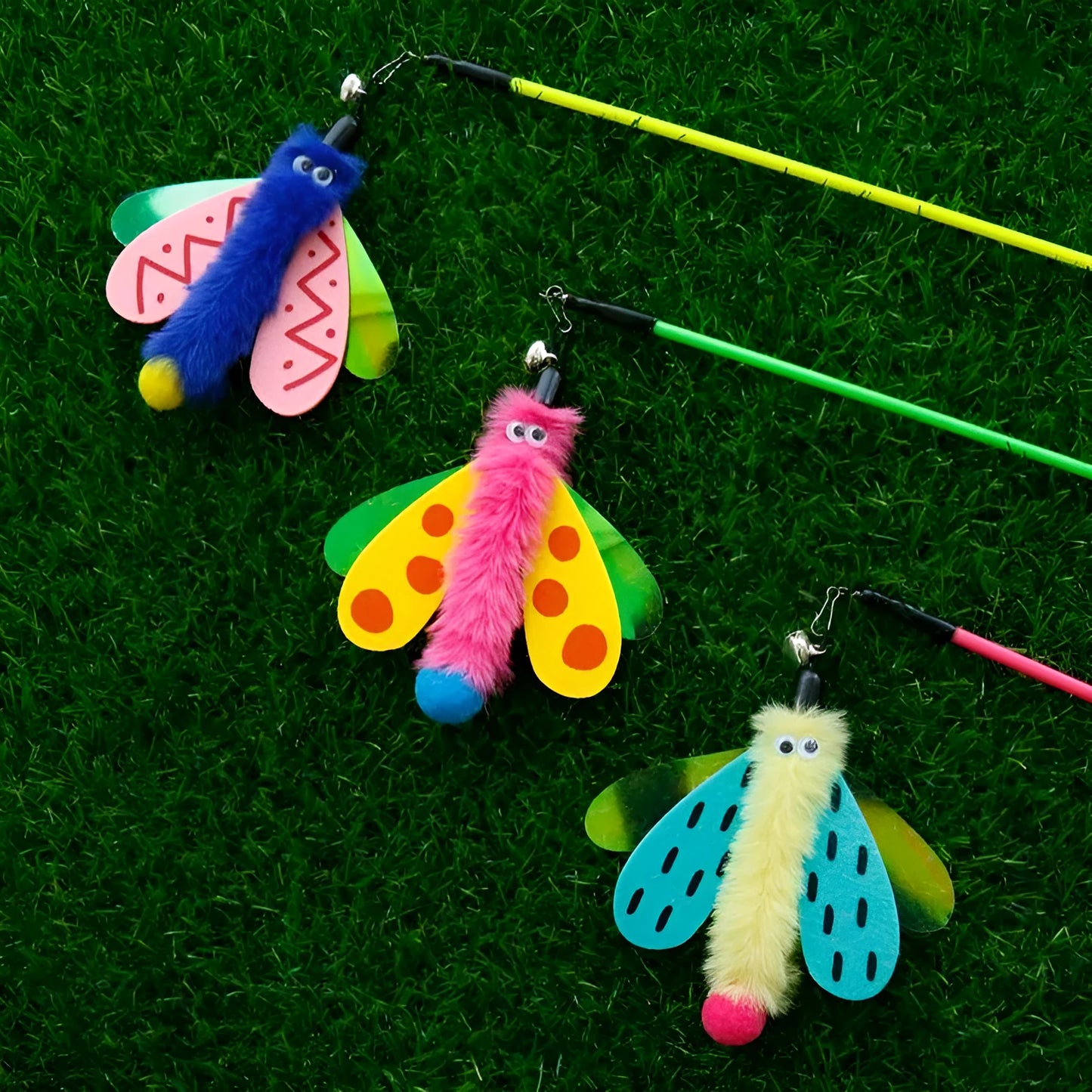 Cat wand toy with dragonfly attachment and bell on 49 cm blue ABS stick