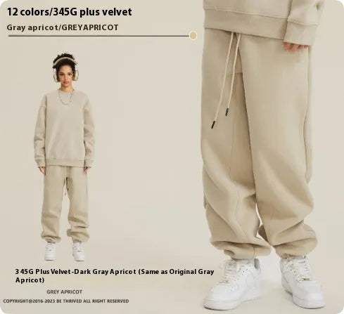 Solid Colour Casual Velvet Sweatpants Men's Mid Waist Ankle Banded Cotton Trousers in a Choice of 28 Colours Including Dark Brown, Taupe, Rose Pink, Black, Khaki, and Matcha Green.