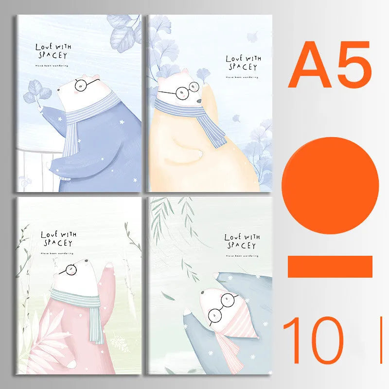 Pack of ten A5 kraft paper thread-bound notebooks with artistic cover designs lying flat.