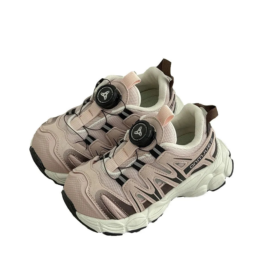Girls casual shoes in black, beige, or pink with PU leather mesh upper.