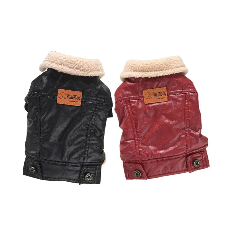 Red PU leather pet coat with fleece lining shown on dog model