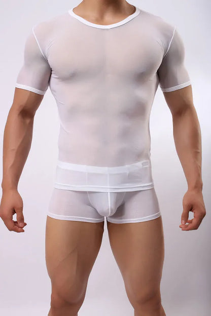 Men's slim fit transparent mesh t-shirt in solid colours on a model.