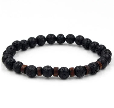 A stylish and durable men's bracelet made with volcanic stone, flash stone, and wood chips