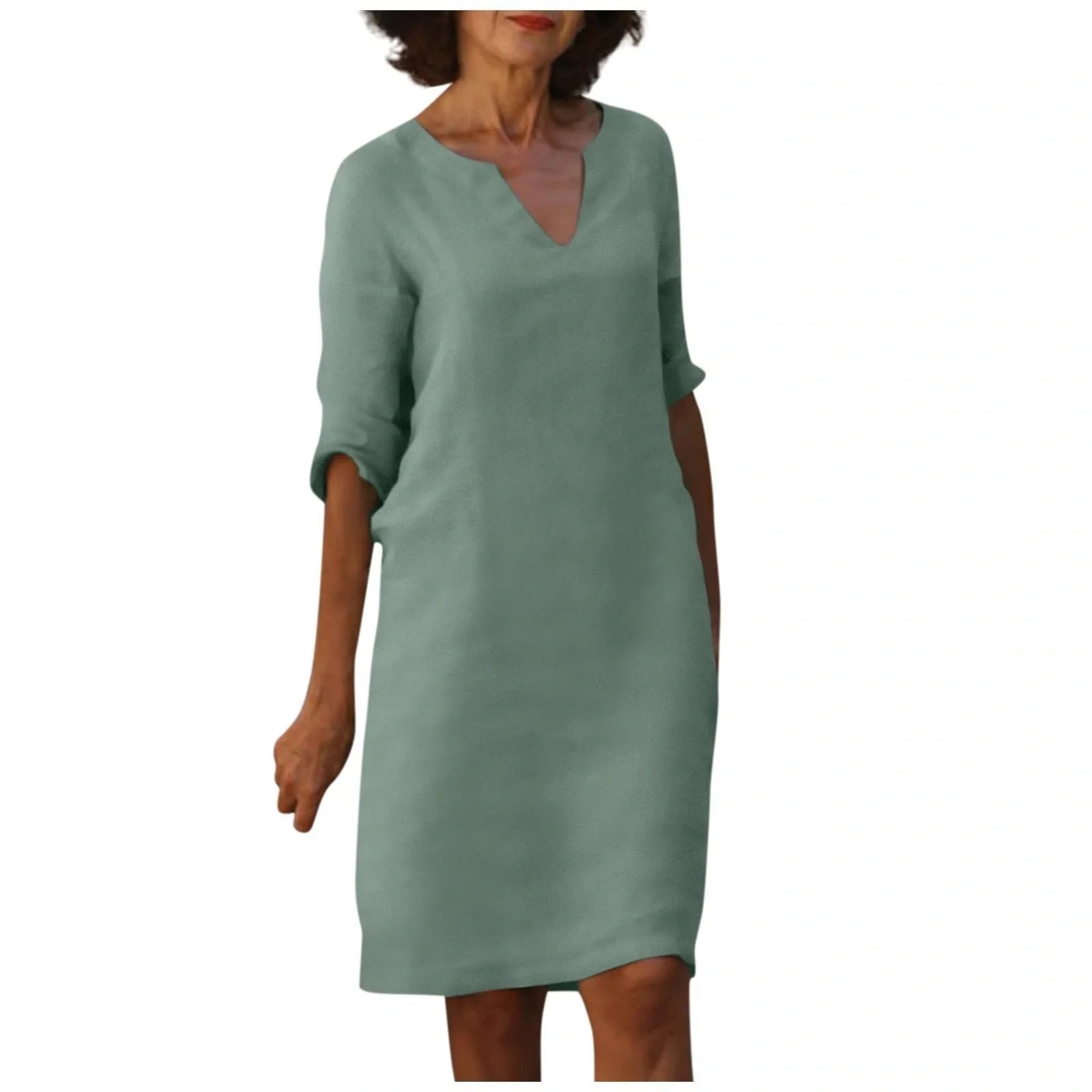 Retro cotton and linen V-neck dress with high waist and summer stitching in various colours