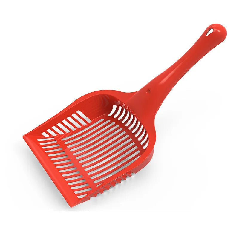 Red plastic cat litter scoop showing dimensions and PP construction for waste removal
