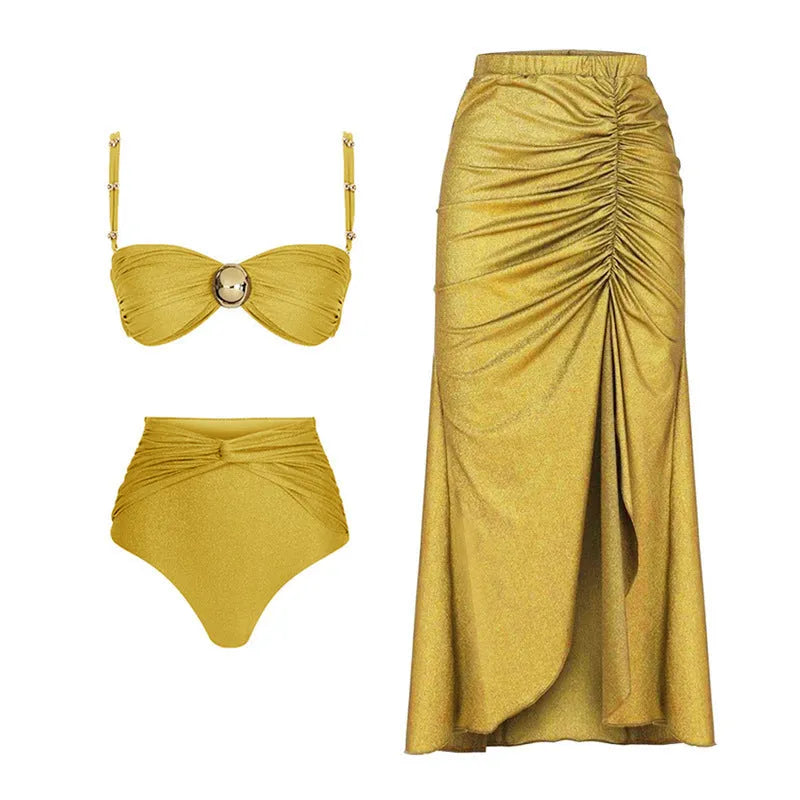 Women's high waist bikini swimsuit set in green one-piece and yellow split colour options