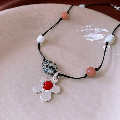 Adjustable stone shell beaded flower pendant necklace in silver or gold tone on 51-60cm chain