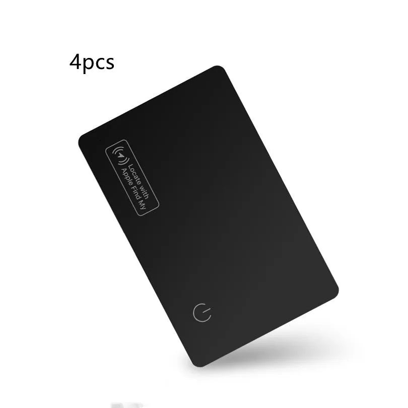 Black ultra-thin anti-loss alarm card for Apple devices, shown next to a credit card for size comparison.